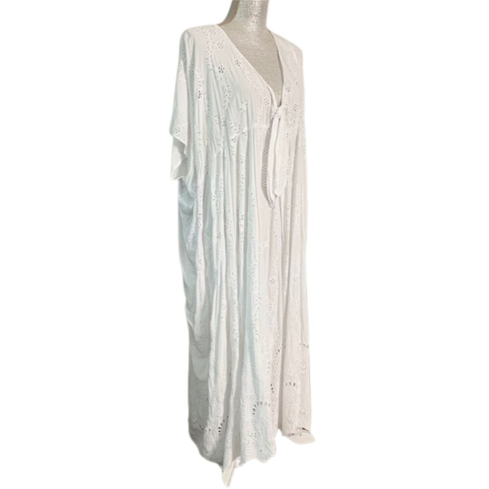 YOUNG FABULOUS AND BROKE White Eyelet Maxi Beach Cover Up Dress SMALL - Picture 8 of 15